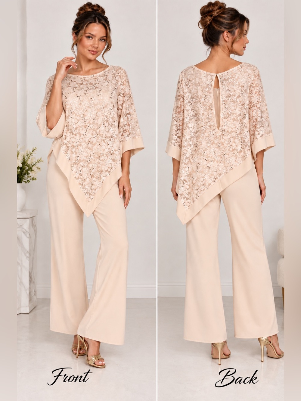 Miss Cristina USA Elegant Poncho Cream Lace-Overlay Wide Leg Jumpsuit XL